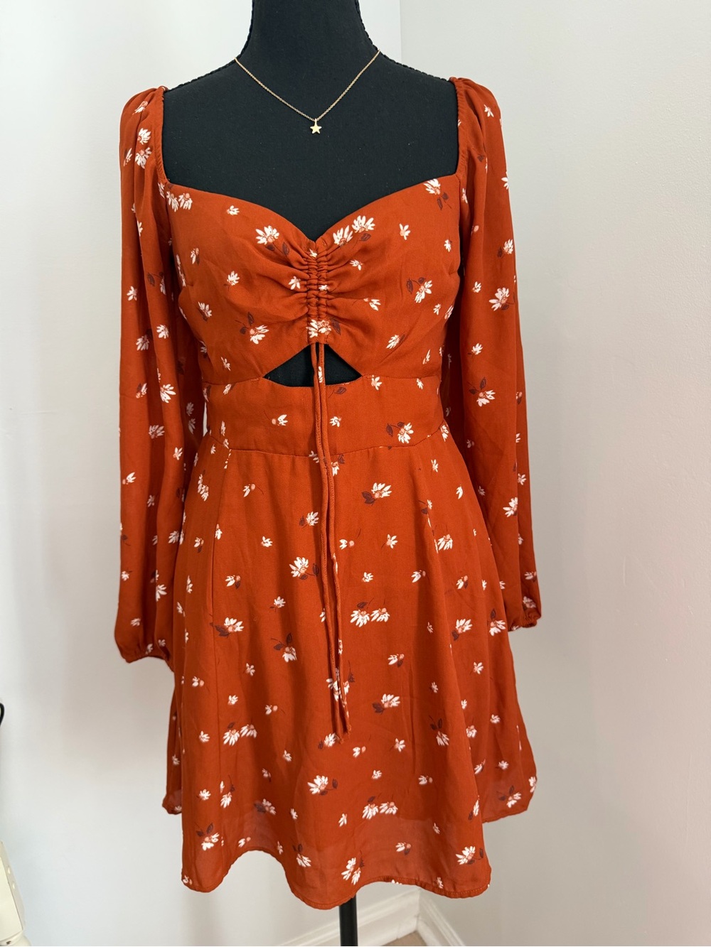 Abercrombie & Fitch Rust Floral Ruched Cutout Long Sleeve Mini Dress S